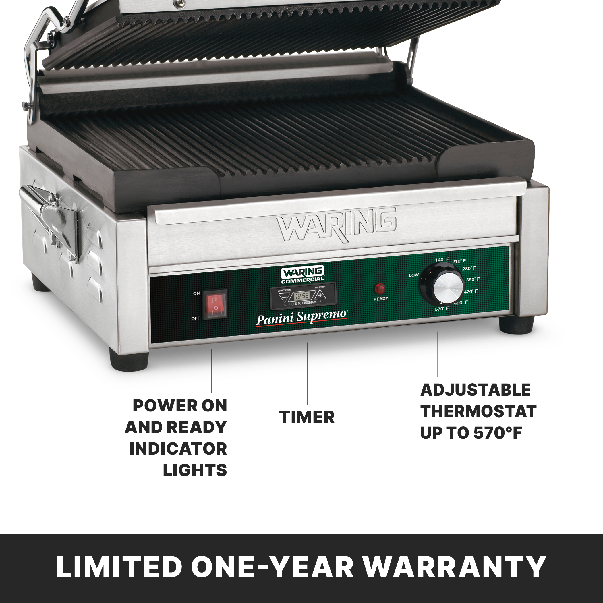 Ribbed Panini Grill with Timer, 14.5" x 11", 208 Volt